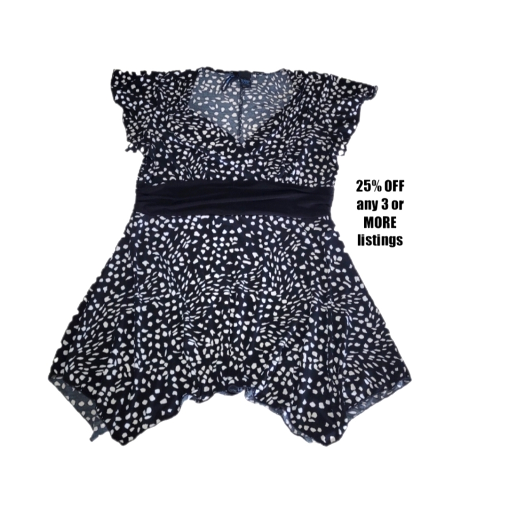 Polka-dot Size Large Tunic Top Blouse Asymmetrical Flutter Sleeve Sweetheart